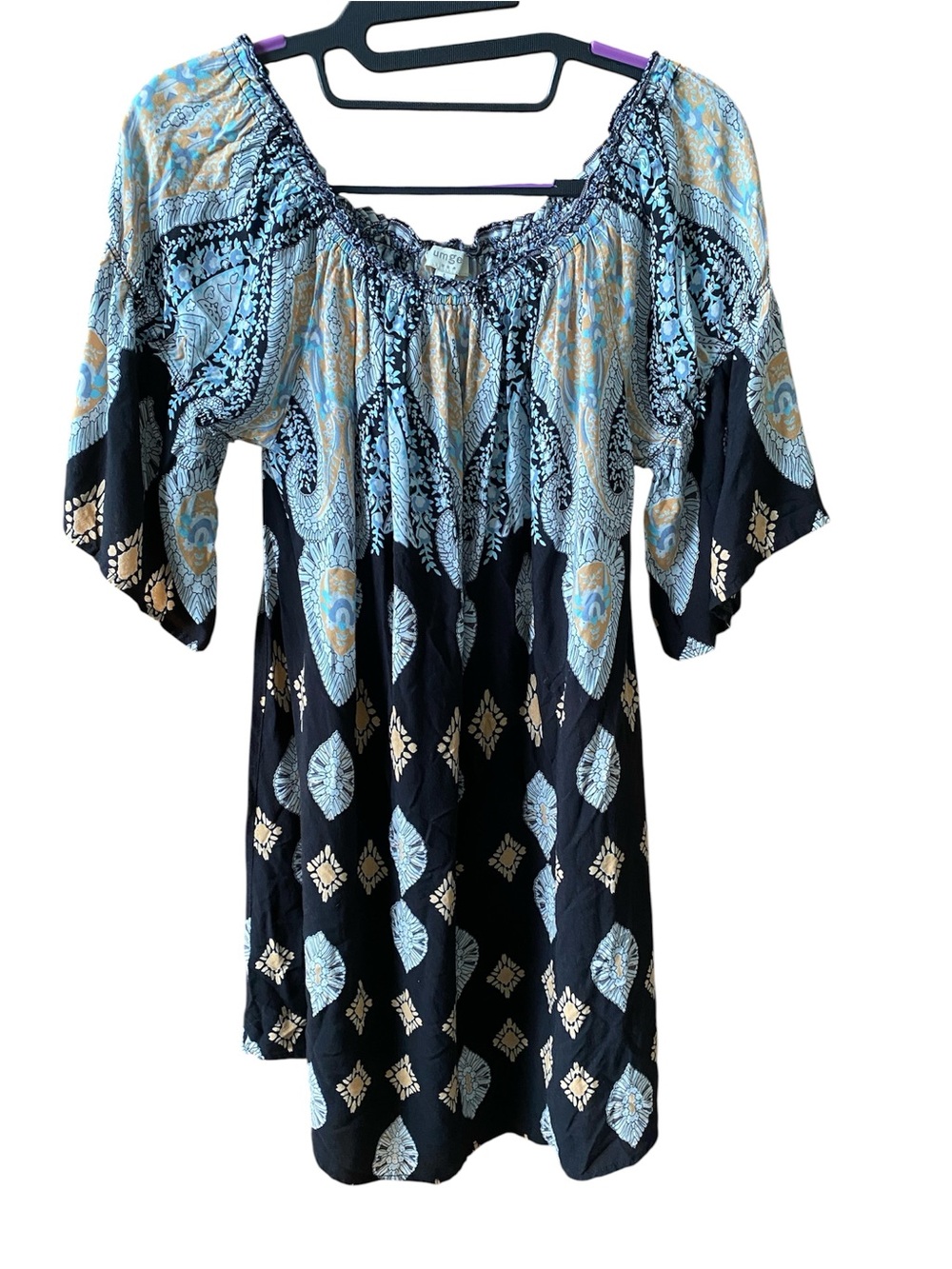 Umgee Black Tunic with Light Blue and Cream Paisley Print size large